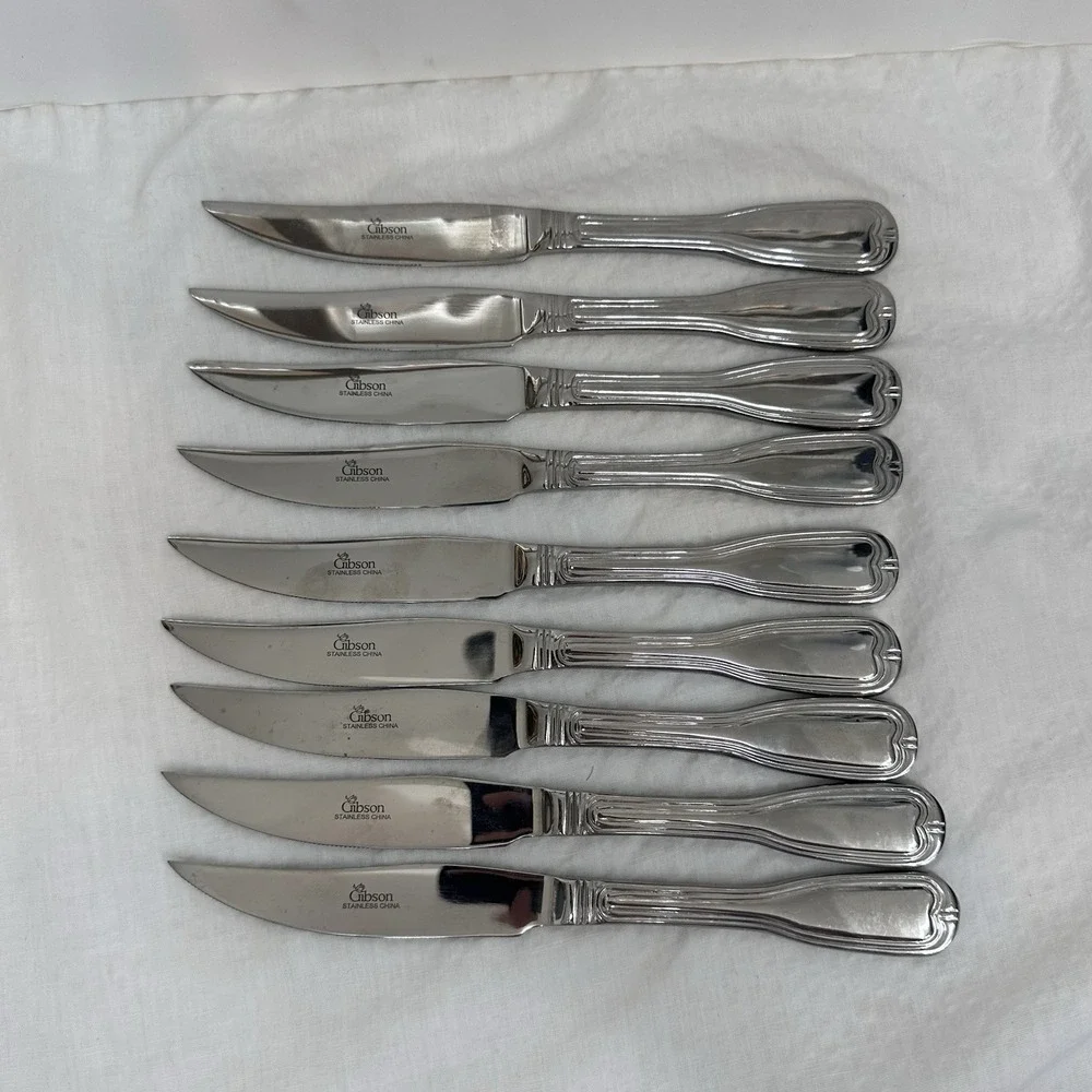 Set‎ Of 9 Gibson Gia19 Fiddle Serrated Stainless Steak Knives 8.5
